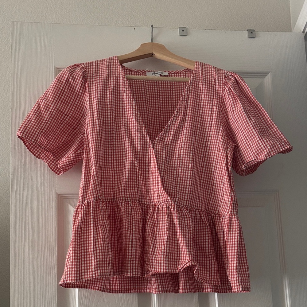 Madewell Red Checkered V-Neck Peplum Blouse
